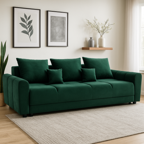 Sofa NAOMI 3 zielona z funkcją spania oraz pojemnikiem na pościel