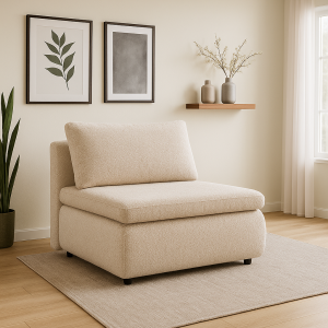 Sofa amerykanka Meg beżowa tkanina boucle jednoosobowa z funkcją spania oraz pojemnikiem na pościel