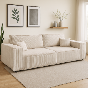 Sofa LUCIDO beżowa tkanina sztruksowa  z funkcją spania oraz pojemnikiem na pościel