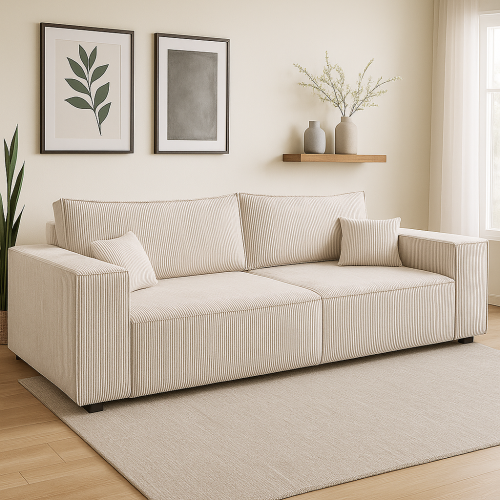 Sofa LUCIDO beżowa tkanina sztruksowa z funkcją spania oraz pojemnikiem na pościel