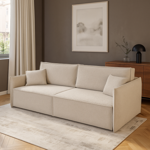 Sofa LAMB z funkcją spania oraz pojemnikiem na pościel beżowa sztruksowa nowoczesna