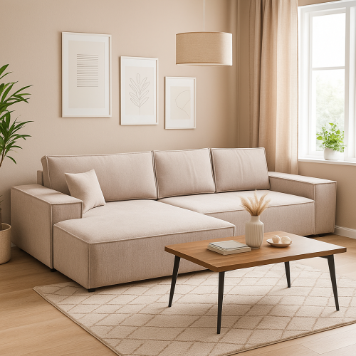 Narożnik L-kształtny ARAGON MAX beżowy z funkcją spania oraz pojemnikiem na pościel