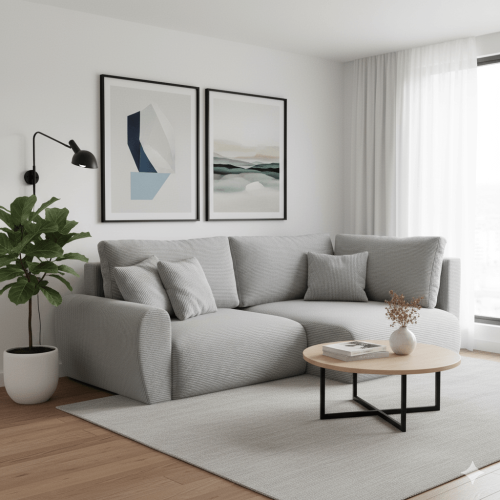 Narożnik L-kształtny MINI POSS szara tkanina sztruksowa z funkcją spania oraz pojemnikiem na pościel