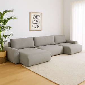 Narożnik U-kształtny POSS z funkcją spania oraz pojemnikiem na pościel szary sztruksowy nowoczesny