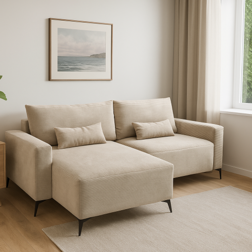 Narożnik L-kształtny LOFT beżowa tkanina sztruksowa z funkcją spania oraz pojemnikiem na pościel