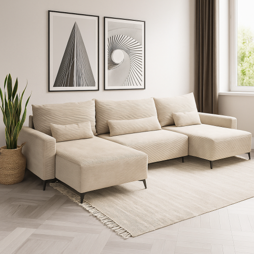 Narożnik U-kształtny LOFT beżowa tkanina sztruksowa z funkcją spania oraz pojemnikiem na pościel