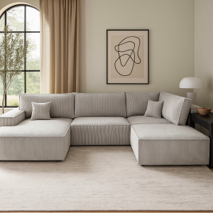 Narożnik U-kształtny AMATO XL szara tkanina sztruksowa z funkcją spania oraz pojemnikiem na pościel