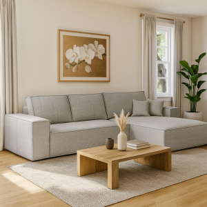 Narożnik L-kształtny AMATO szara tkanina sztruksowa z funkcją spania oraz pojemnikiem na pościel