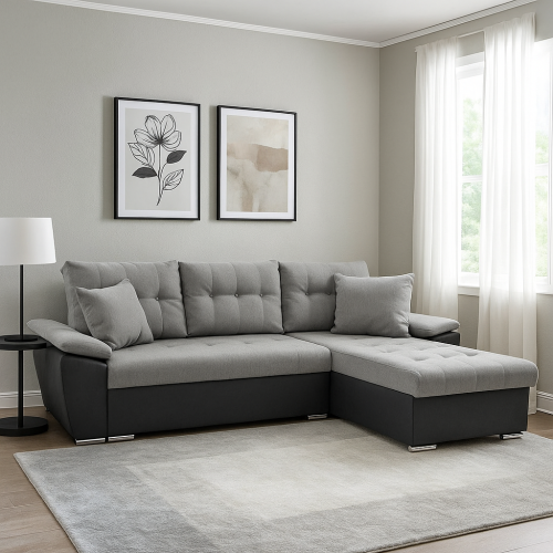 Narożnik L-kształtny VINCENT szary z funkcją spania oraz dwoma pojemnikami na pościel