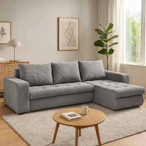 Narożnik L-kształtny BOSTON szara tkanina sztruksowa z funkcją spania oraz pojemnikiem na pościel tani nowoczesny