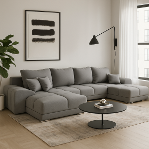 Duży narożnik U-kształtny NAOMI 2 szary z funkcją spania oraz pojemnikiem na pościel nowoczesny