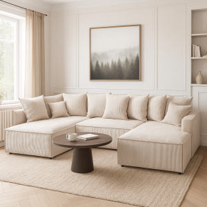 Narożnik U-kształtny BELLANTE beżowa tkanina sztruksowa z funkcją spania oraz pojemnikiem na pościel