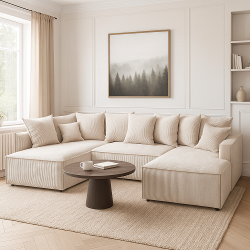 Narożnik U-kształtny BELLANTE beżowa tkanina sztruksowa z funkcją spania oraz pojemnikiem na pościel