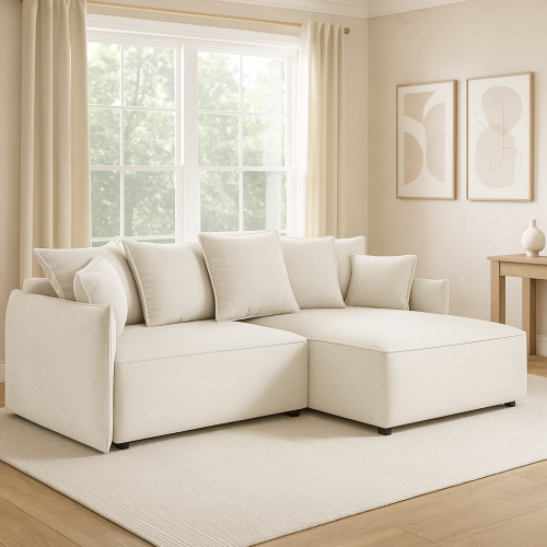 Narożnik L-kształtny BELLANTE beżowa tkanina boucle z funkcją spania oraz pojemnikiem na pościel