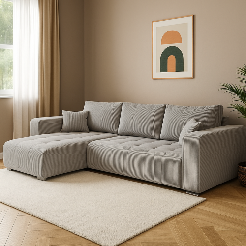 narożnik L-kształtny VIVARTO szara tkanina sztruksowa z funkcją spania oraz pojemnikiem na pościel