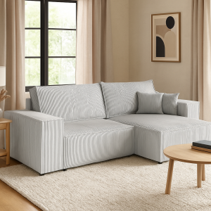 Narożnik L-kształtny LUCIDO szara tkanina sztruksowa z funkcją spania oraz pojemnikiem na pościel