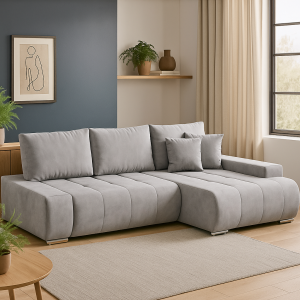 Narożnik L-kształtny FORMATO szara tkanina welurowa z funkcją spania oraz pojemnikiem na pościel