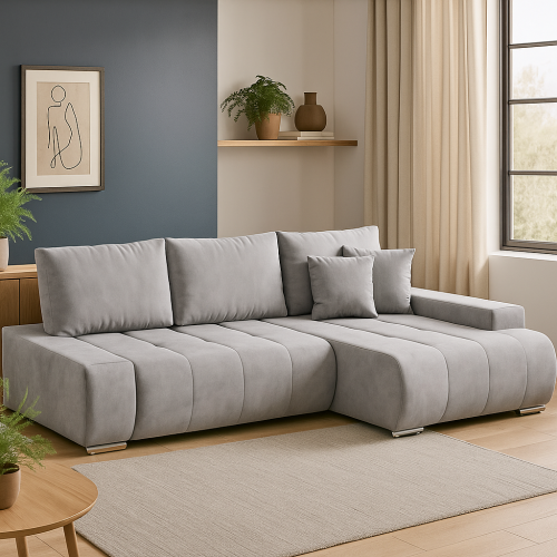 Narożnik L-kształtny FORMATO szara tkanina welurowa z funkcją spania oraz pojemnikiem na pościel