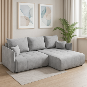 Narożnik L-kształtny SERENO szara tkanina welurowa z funkcją spania oraz pojemnikiem na pościel nowoczesny