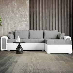 Narożnik L-kształtny RELAX szara tkanina + biała ekoskóra z funkcją spania oraz pojemnikiem na pościel