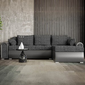 Narożnik L-kształtny RELAX szara tkanina plecionkowa + czarna ekoskóra z funkcją spania oraz pojemnikiem na pościel