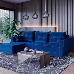 Narożnik L-kształtny IVAN niebieski z funkcją spania oraz pojemnikiem na pościel