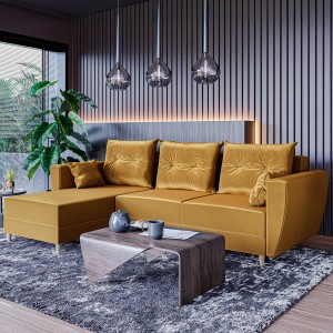 Narożnik L-kształtny IVAN musztardowy z funkcją spania oraz pojemnikiem na pościel