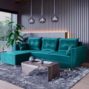 Narożnik L-kształtny IVAN butelkowa zieleń z funkcją spania oraz pojemnikiem na pościel